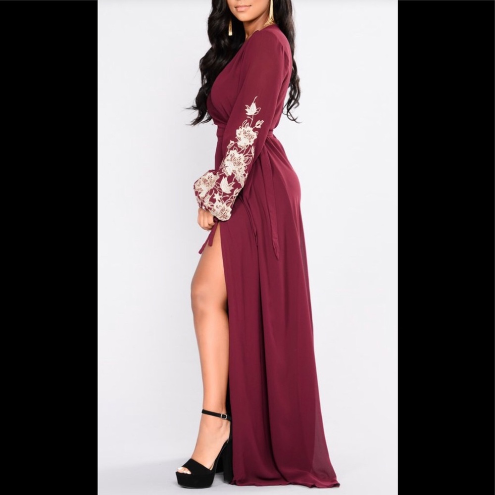 Wine and gold wrap dress
